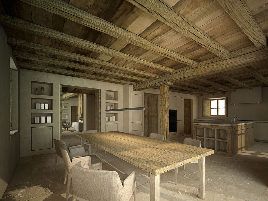 Rénovation d'un chalet dans les Alpes. L'espace cuisine-salle à manger.