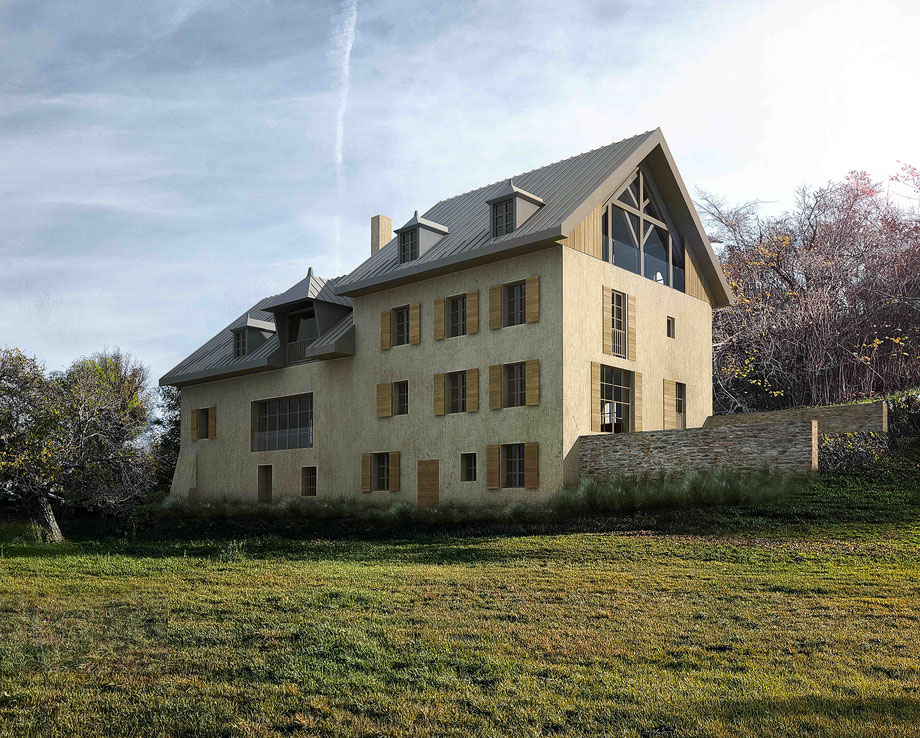 Rénovation d'un chalet dans les Alpes. Vue du jardin.