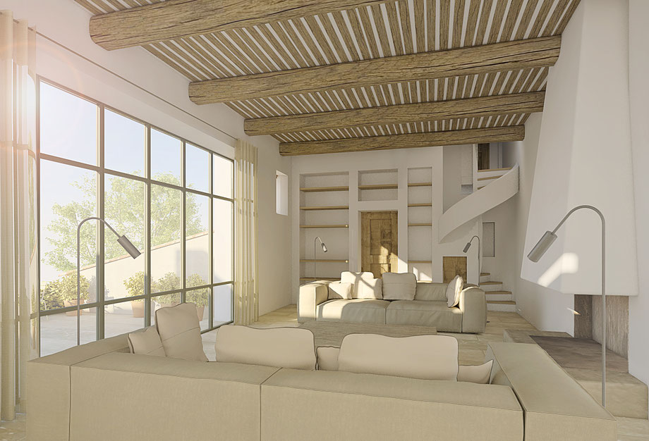 Rénovation d'une maison autour d'Aix-en-Provence, à Eguilles. Salon avec un revêtement en travertin, un escalier en colimaçon en brique plâtrée et une bibliothèque maçonnée..