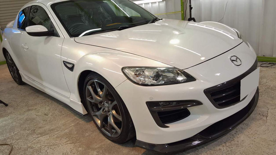 RX-8のセラミックコーティング完成後の艶 車のシミ除去 イオンデポジット改善