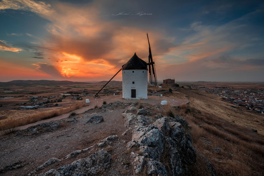 "THE HILL OF THE WIND".  A famous place in La Mancha at sunset a windy day, Spain.