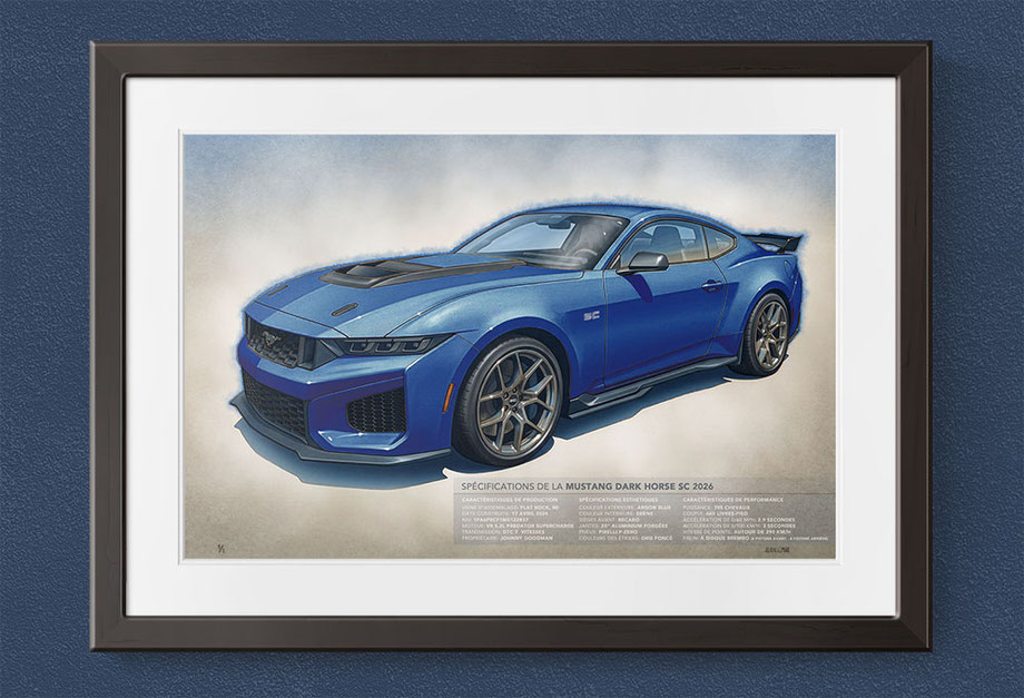 Encadrement d'une Mustang Dark Horse SC réalisée avec l'aide de l'IA au format 12X18 pouces