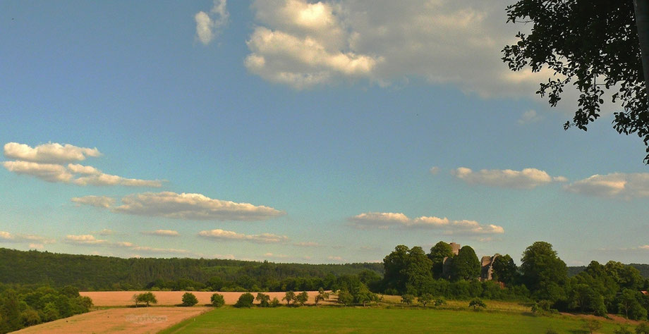 Blick vom Eco-Pfad Helmarshausen auf den Waltersberg mit der Ruine Krukenburg aus dem hohen Mittelalter (12.-16. Jhdt.)