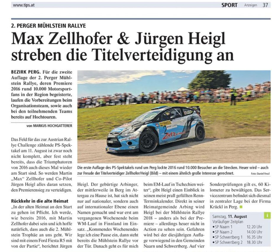 Martin Zellhofer - Jürgen Heigl - Mühlstein Rallye 2018 - Presse Perger Tips KW 31