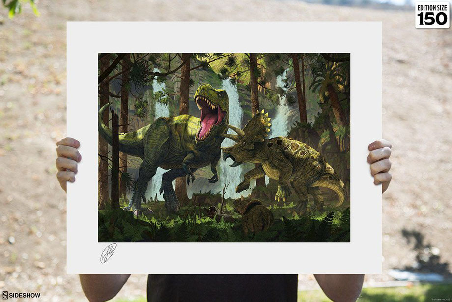 T-Rex vs. Triceratops Protection Fine Art Print Original Artist Series by Vincent Hie 41 x 51cm Kunstdruck Dinosaurier ungerahmt Sideshow 