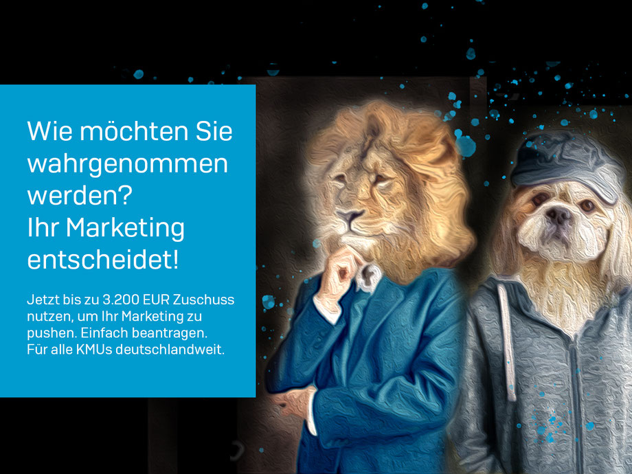 Wie möchten Sie wahrgenommen werden? Ihr Marketing entscheidet! Steht vor hellblauem Hintergrund geschrieben. Es wird auf eine Förderung für KMUs verwiesen. Mittig steht ein souverän wirkender Löwe im blauen Anzug, rechts ein etwas naiv wirkender Hund.