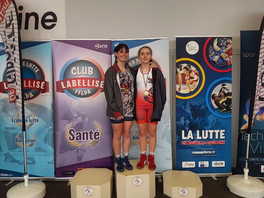 Yéva et Linon ont fait la fierté du Barp ce week-end en remportant les championnats d'Aquitaine, obtenant par la même occasion, une qualification aux championnats de France./Crédit photo Lutte Barpaise