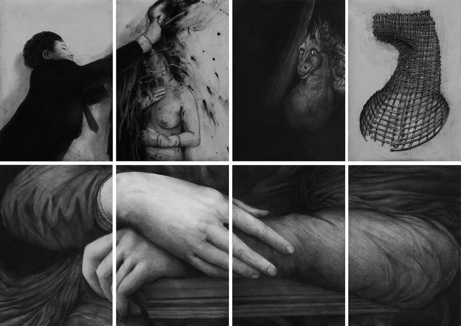 RAINER WÖLZL (Rudolf Schwarzkogler, Johann Heinrich Füssli, Leonardo da Vinci) , Aus der Serie Museum der Schatten, 2016; Öl, Kohle/Papier, 8-teilig, je 100x70cm, gesamt 200x280cm