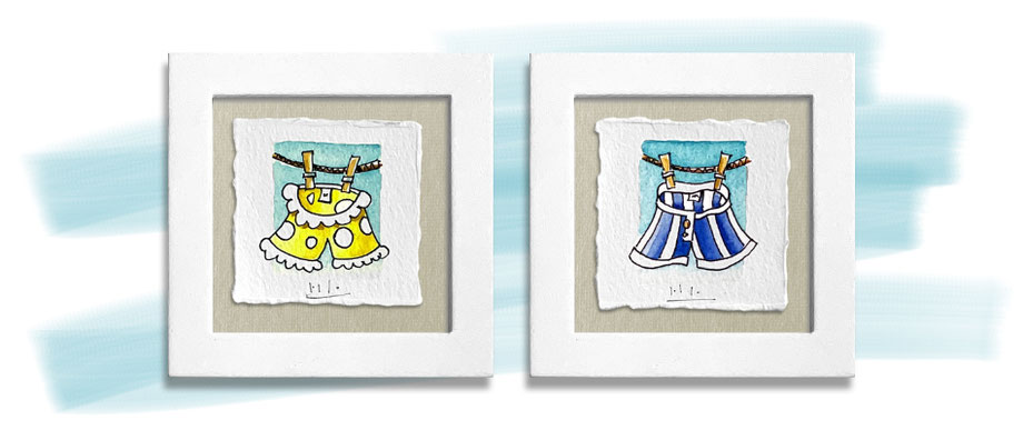 kleine Zeichnungen Aquarelle mit gelber und blauer Unterhose in quadratischen Rahmen
