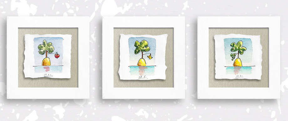 drei Aquarelle Insel mit Apfel, Insel mit Bananen, Insel mit Trauben
