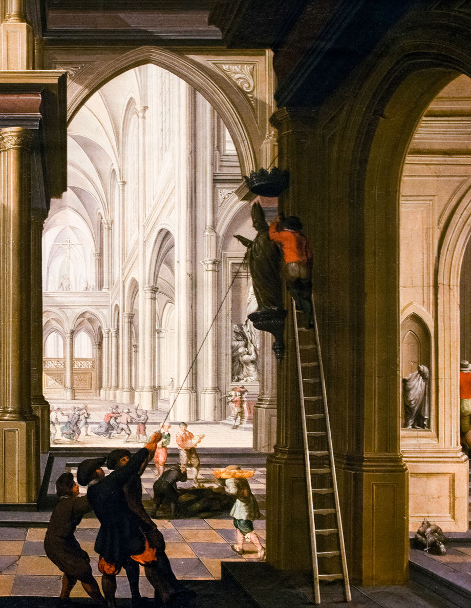 Bild: Ein Mann auf einer Leiter legt einer Heiligenstatue eine Schlinge um den Hals, während unten drei Männer bereit stehen, sie zu stürzen. Dirck van Delen, Niederlande (1630), Iconoclasm in a Curch, Ölgemälde, 67 x 50 cm, rijksmuseum.nl 