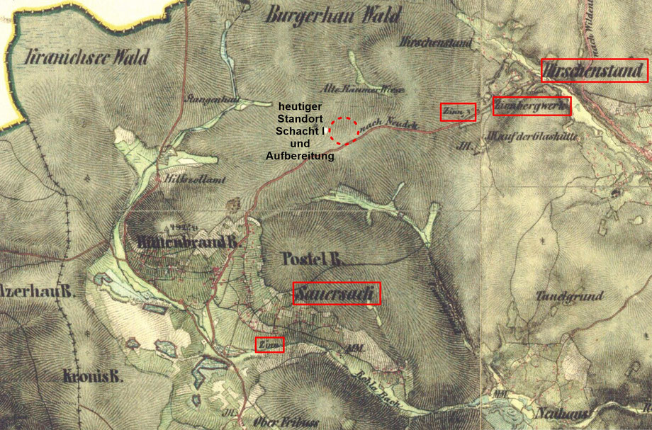 Karte von Sauersack und der Umgebung um 1850 (Ausschnitt der Franziszeische Landesaufnahme 1842-1853)