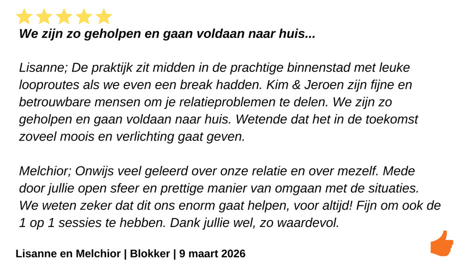 Beste Relatieweekend van Nederland. Beoordeling review 9.8 . Twee relatietherapeuten