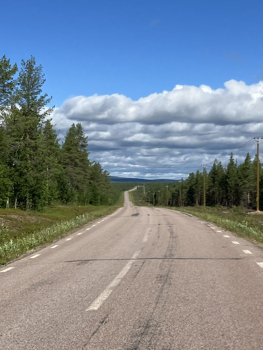 Einsame Straße durch Lappland. Wald bis zum Horizont, greifbare Stille.