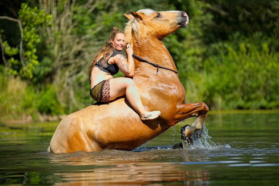 Zusammen sind wir frei. Andreas Wedel Pferdefotografie. Haflinger Pferd steigt im Wasser.