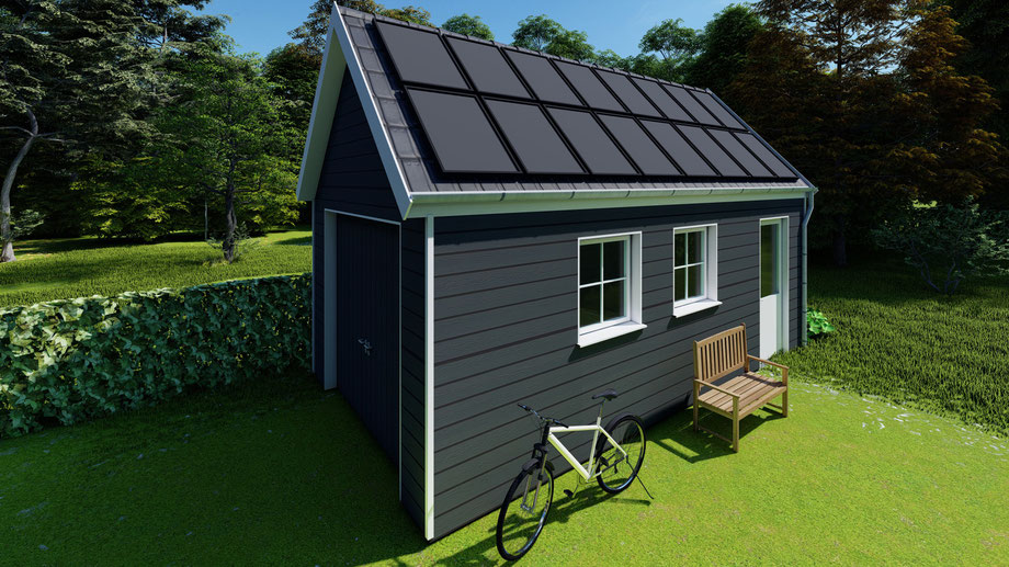 3D ontwerp garage met potdekseldelen en zonnepanelen