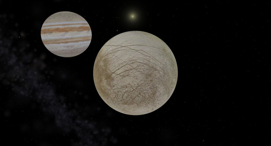 Der Mond Europa im Vordergrund. Dahinter der Gaßplanet Jupiter.