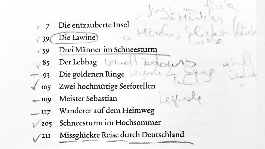 Foto des Inhaltsverzeichnisses von Meinrad Inglins Erzählband «Schneesturm im Hochsommer»