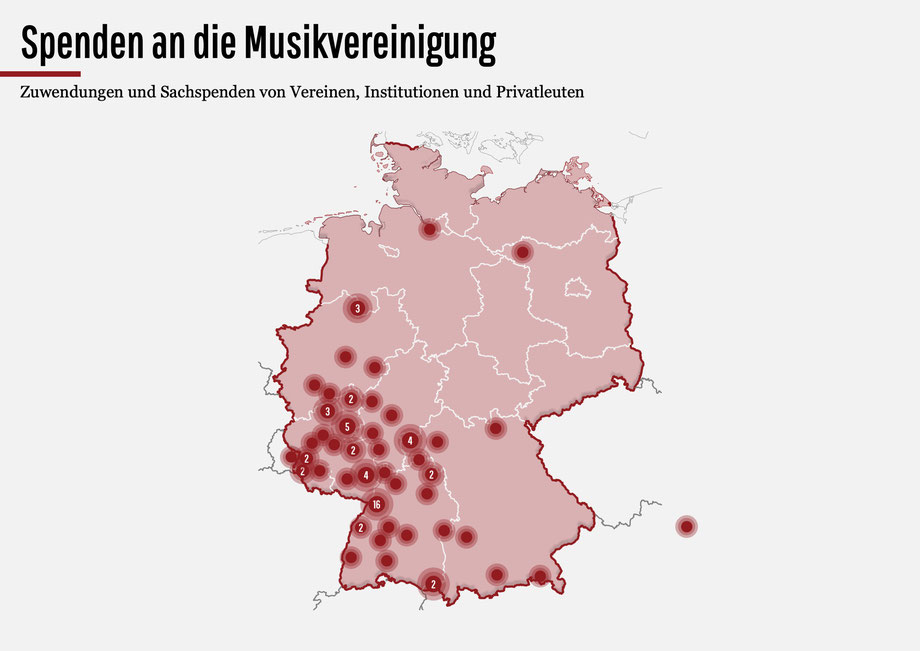 Insgesamt sind von 129 Vereine, Institutionen und Privatpersonen aus ganz Deutschland, Österreich und Luxemburg Spenden eingegangen.