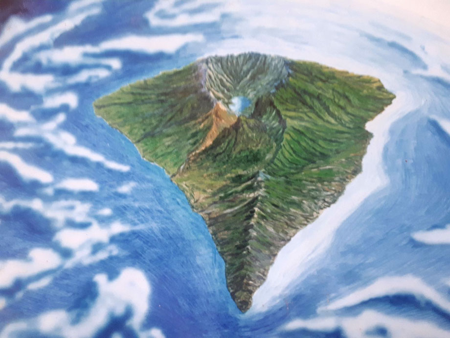Gemälde "La Palma" von Juan Francisco Ortego Rodríguez: "Y entonces DIOS vio que aquello le gustaba, y dio a los Palmeros dos corazones uno para nacer y otro para morir