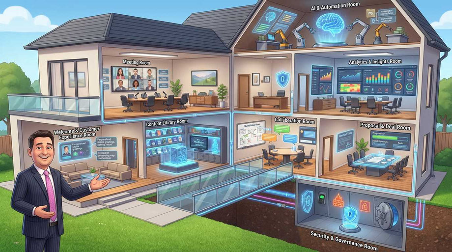 Digital Sales Room - dargestellt aus Haus mit vielen Zimmern