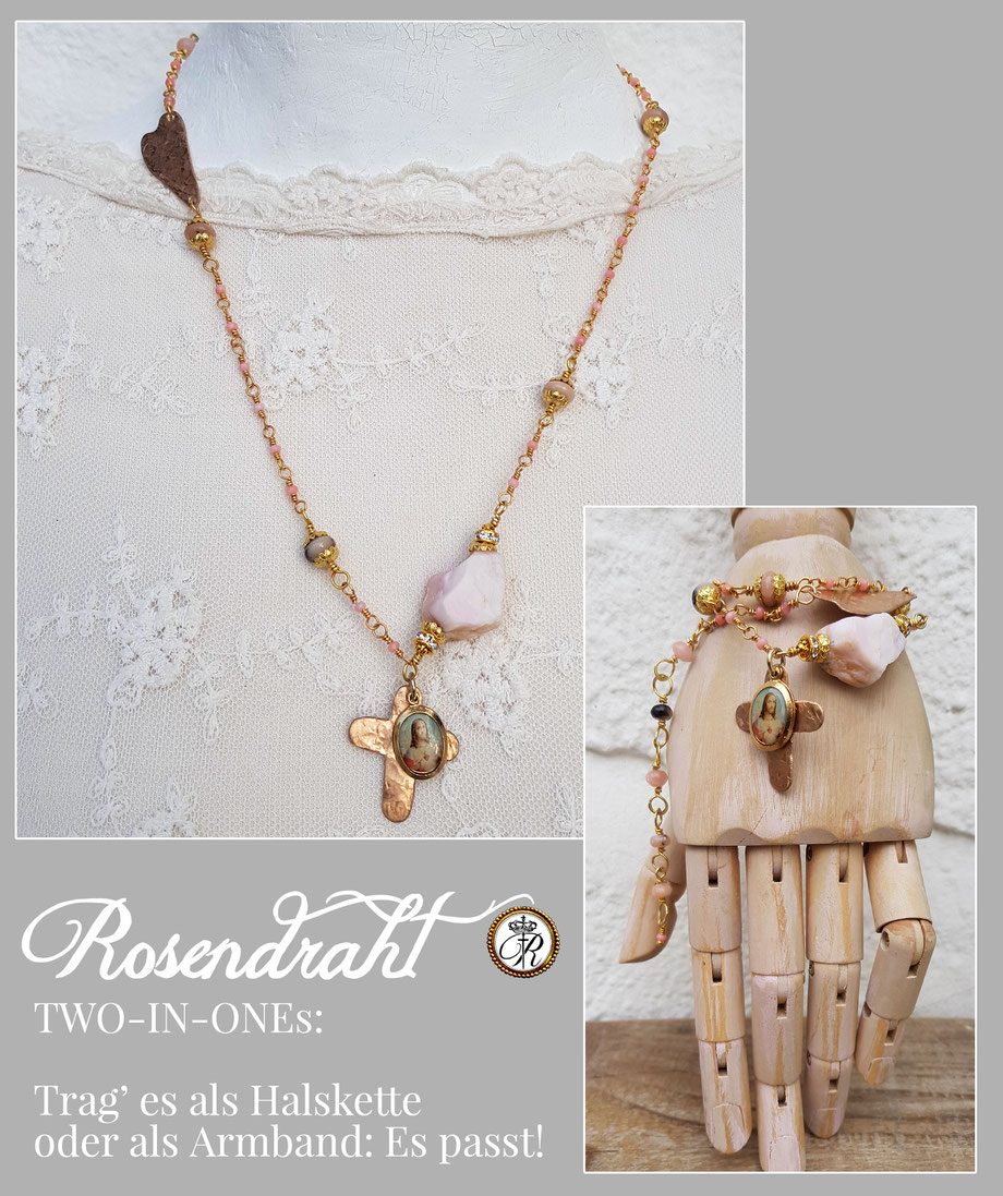 Rosendraht Rosendraht.de webshop Schmuck online Manufaktur handgemacht Schmuckdesign Design Designerschmuck Unikate Goldschmuck Edelsteinschmuck Armband Halskette Kette Marienmedaille Maria Jesus Charm Anhänger Herz Kreuz Opal Andenopal pink rosa 2in1