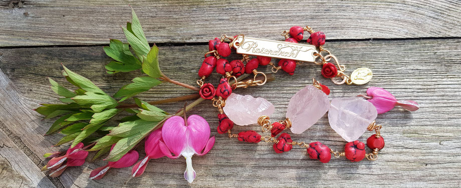 Rosendraht Rosendraht.de Collier Edelsteine Edelsteincollier Schmuck Halsschmuck Halskette vergoldet handgemacht Schmuckdesign Designschmuck Unikat Marienmedaille gesegnet Jesus Christus Gold Rosenquarz Türkis rosa rot Rosen Segen