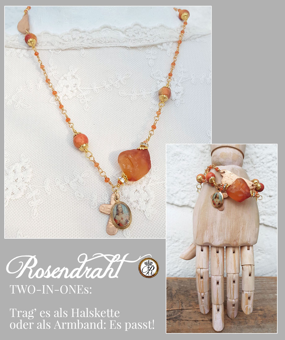 Rosendraht Rosendraht.de webshop Schmuck online Manufaktur handgemacht Schmuckdesign Design Designerschmuck Unikate Goldschmuck Edelsteinschmuck Armband Halskette Kette Marienmedaille Maria Jesus Charm Anhänger Herz Kreuz Karneol Apfel Koralle orange 2in1