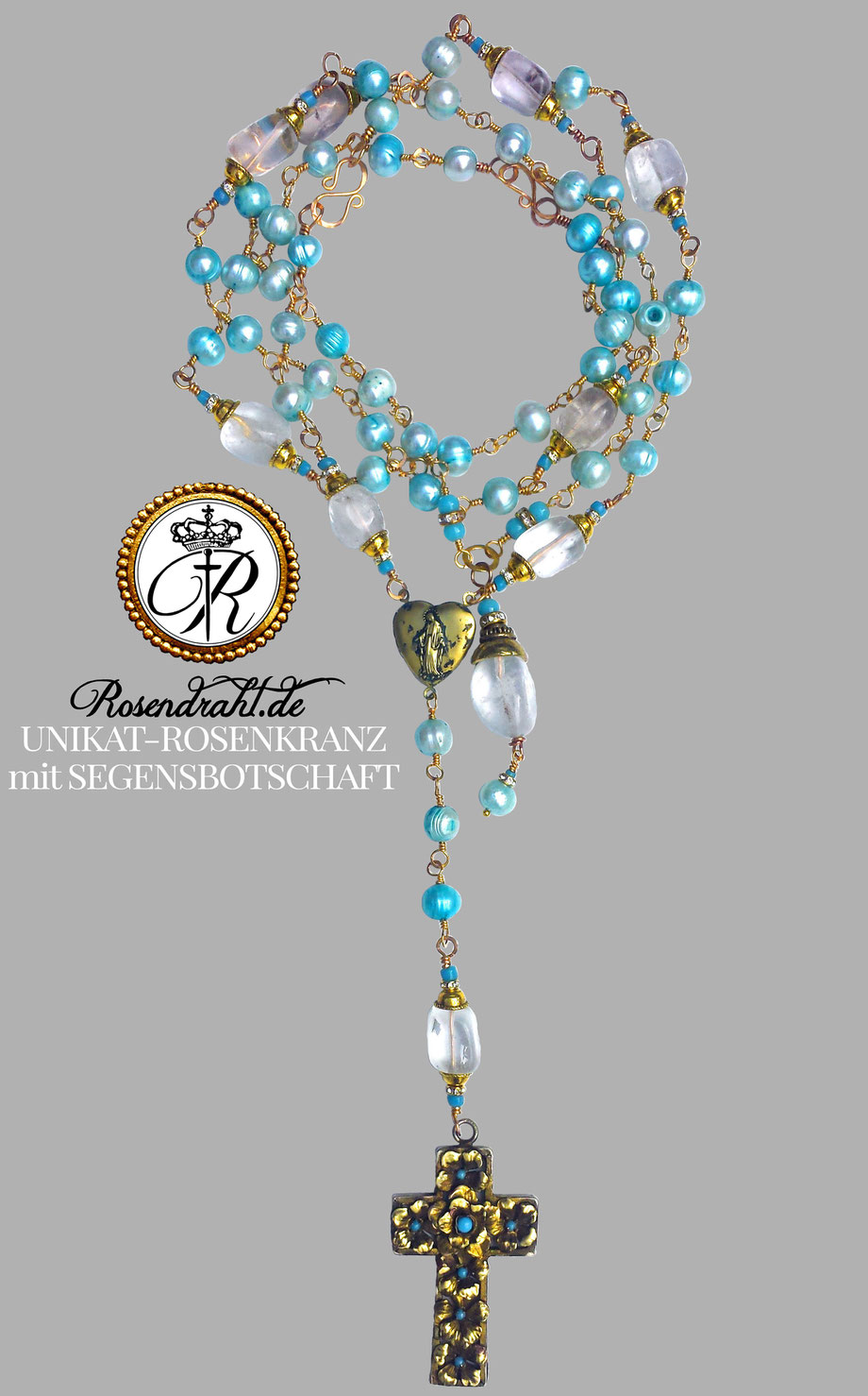 Rosendraht Rosendraht.de Rosenkranz Unikat Unikatschmuck Bergkristall Goldschmuck Medaillon Perlen Glauben Kreuz  Schmuckdesign Designschmuck handgemacht  Jesus Maria gesegnet Segen Segensbotschaft wundertätige Marienmedaille Charm Anhänger christlich 