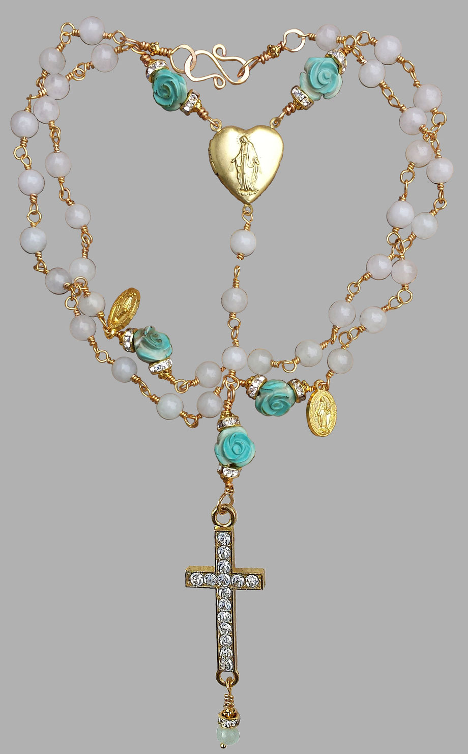 Rosendraht Rosendraht.de gesegnet Rosenkranz Gebetskette Schmuck christlich spirituell Segen Schmuck online kaufen webshop Schmuckshop Jesus Christus Maria Madonna Marienmedaillon Herz Medaillon Edelstein Kreuz Marienmedaille vergoldet Jade Howlith Rosen 