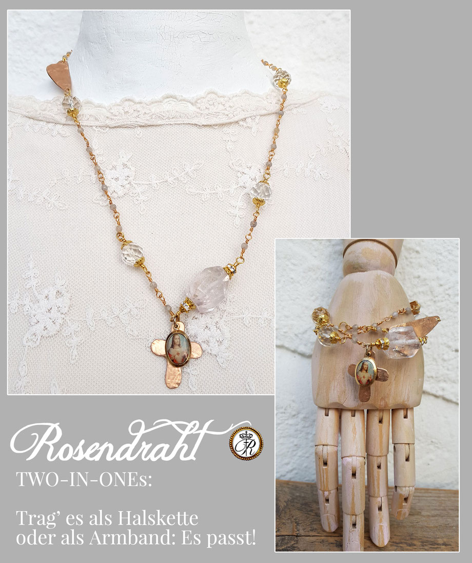 Rosendraht Rosendraht.de webshop Schmuck online Manufaktur handgemacht Schmuckdesign Design Designerschmuck Unikate Goldschmuck Edelsteinschmuck Armband Halskette Kette Marienmedaille Maria Jesus Charm Anhänger Herz Kreuz Labradorit Bergkristall klar 2in1