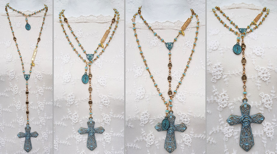 Rosendraht Rosendraht.de gesegnet Rosenkranz Gebetskette Schmuck christlich spirituell Segen Schmuck online kaufen webshop Schmuckshop Jesus Christus Maria Madonna  Kreuz Marienmedaille hellblau türkis gold Benedictus Schutzkette