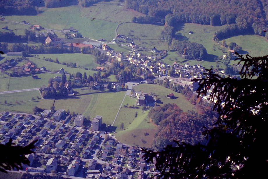 Netstal von den Ennetbergen aus, Aufnahme 1978. Kein Haus im Fuchsgut, der Weid und im Lerchengut.