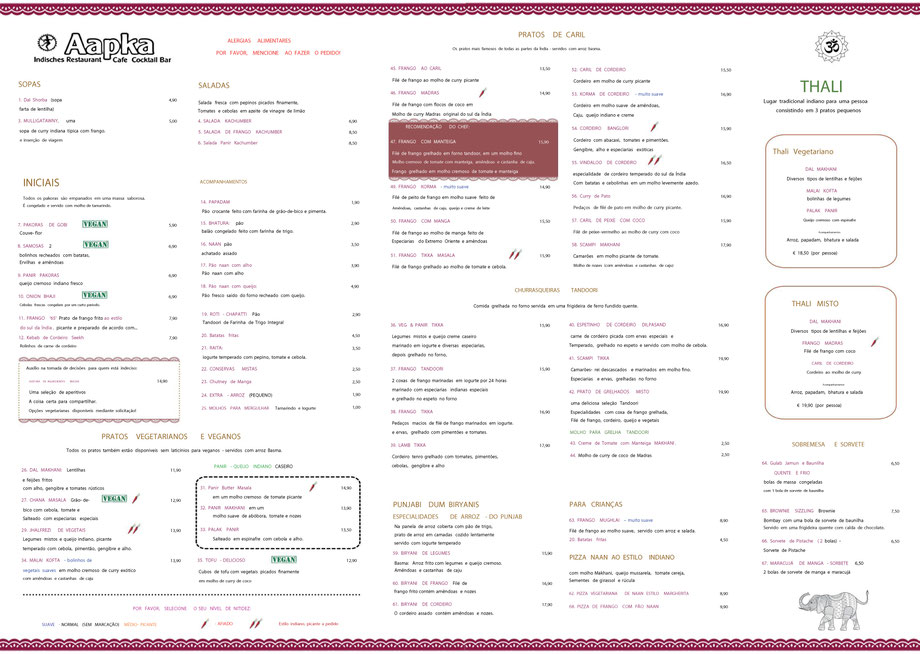 Speisekarte Aapka Restaurant Berlin Alexanderplatz