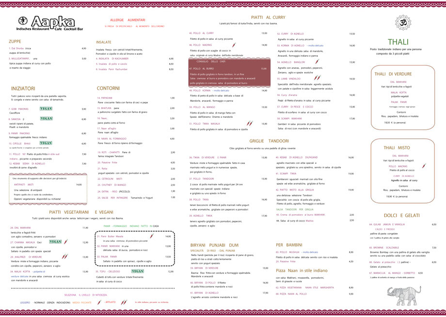 Speisekarte Aapka Restaurant Berlin Alexanderplatz