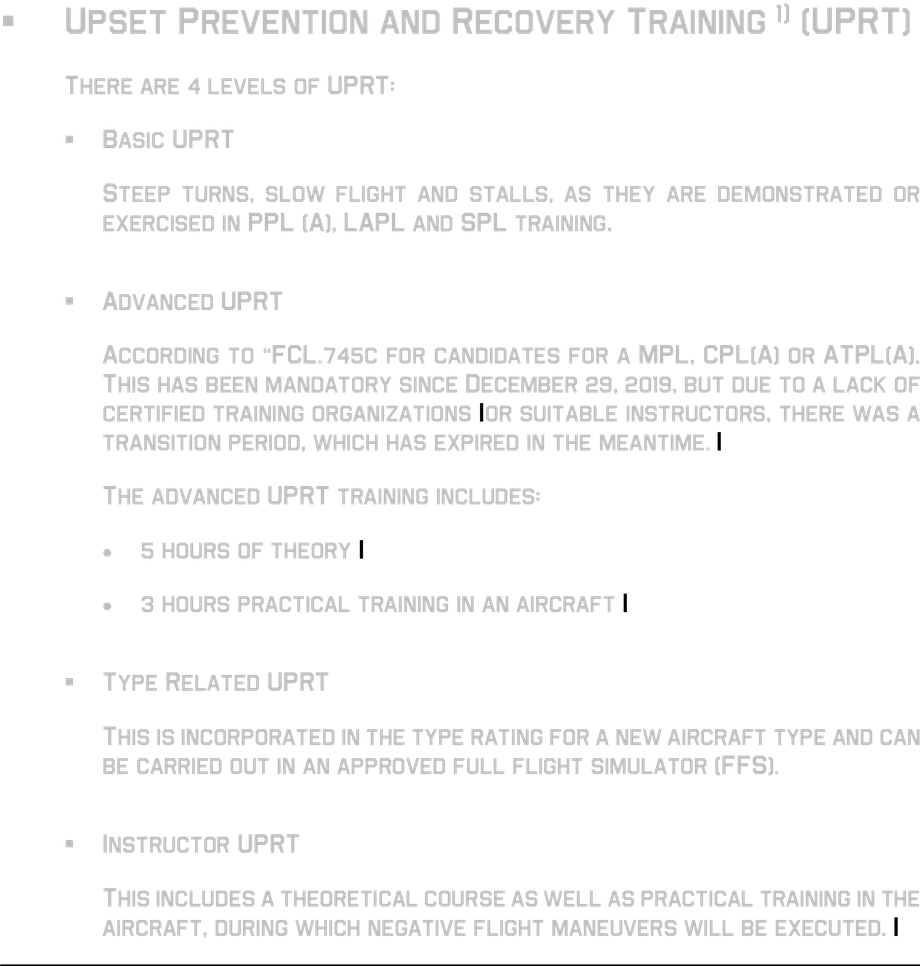 UPRT Upset prevention and recovery training Kunstflug PPL(A) basic training refresher training extension in the license Änderungsverordnung (EU) 2018/1974 zur Verordnung (EU) Nr. 1178/2011