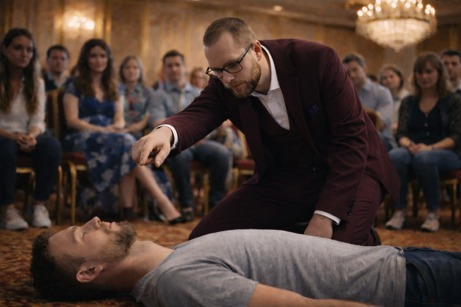 Hypnotiseur Magier Johannes hypnotisiert einen Mann, der mit geschlossenen Augen auf dem Boden liegt