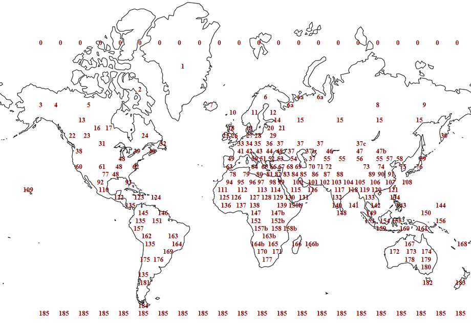 Weltkarte Regionen und Gebiete alte Nationen mit Nummern gekennzeichnet