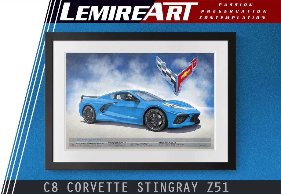 2020 2021 2022 2023 2024 Corvette Stingray Z51 drawn portrait - 4 printed specifications available