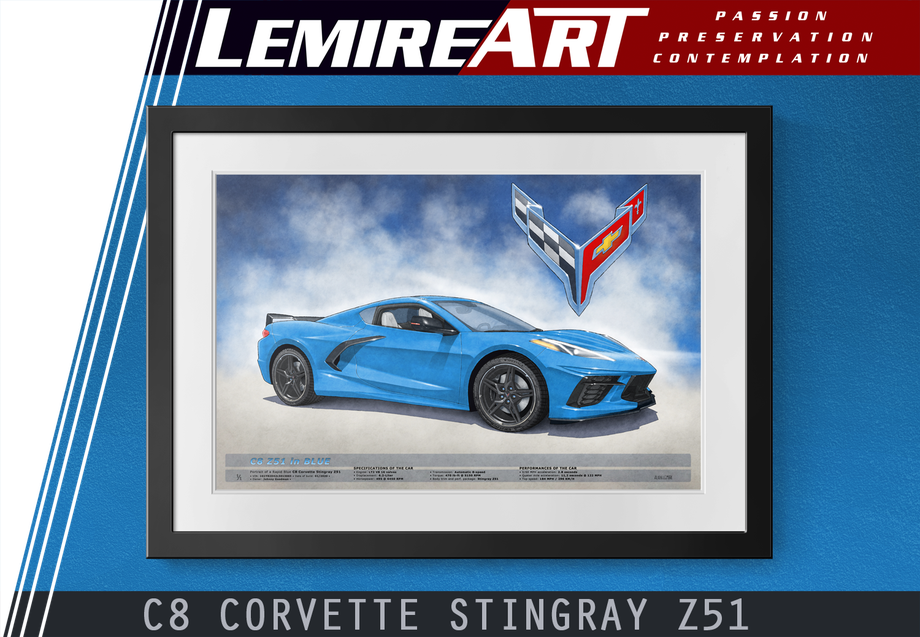 2020 2021 2022 2023 2024 2025 2026 Corvette Stingray Z51 drawn portrait by Alain Lemire form Lemireart - 4 printed specifications available