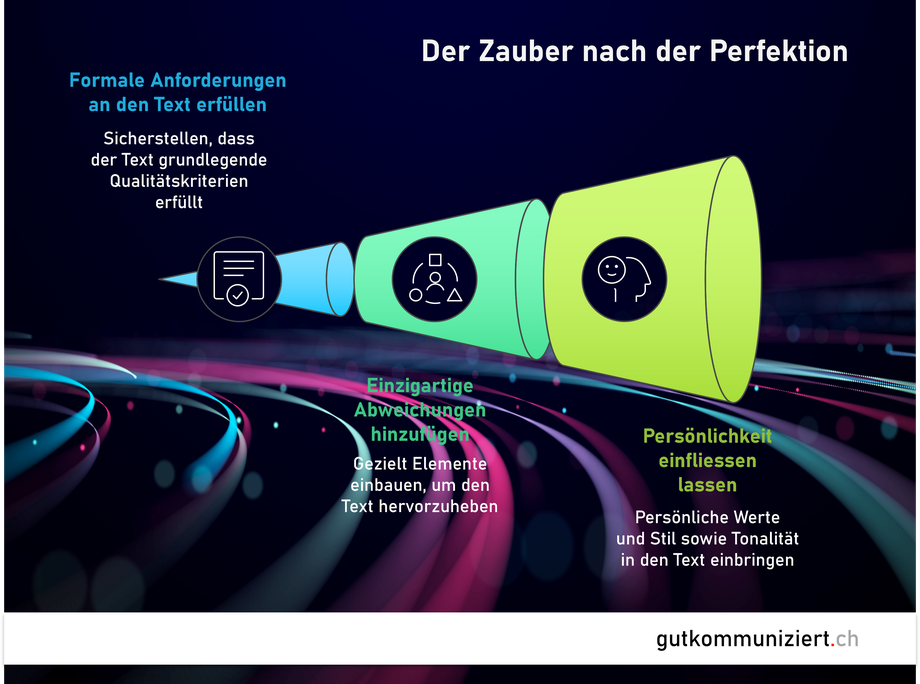 Die Kunst der Erstellung zielgruppengerechter Texte, in einer wirksamen, lebendigen und modernen Sprache ist der menschlichen Intelligenz vorbehalten. KI kann die komplexen Feinheiten menschlicher Sprache nicht erfassen.