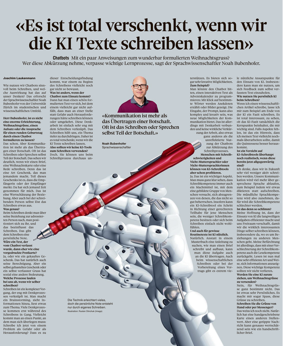 Noah Bibenhofer, Sprachwissenschaftler an der Universität Zürich, äussert sich kritisch über den Einsatz von KI-Schreibtools.
