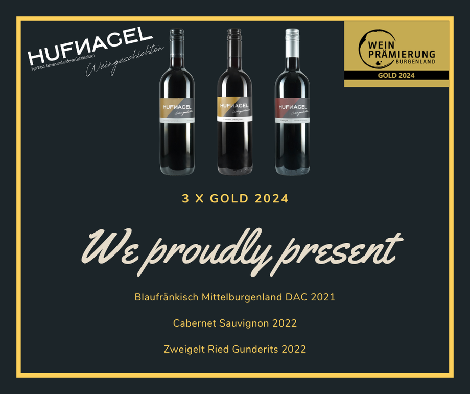 Bei der burgenländischen Weinprämierung 2024 wurden alle 3 eingereichten Weine mit Gold ausgezeichnet!  ○ Blaufränkisch Mittelburgenland DAC 2021 ○ Cabernet Sauvignon 2022 ○ Zweigelt Ried Gunderits 2022