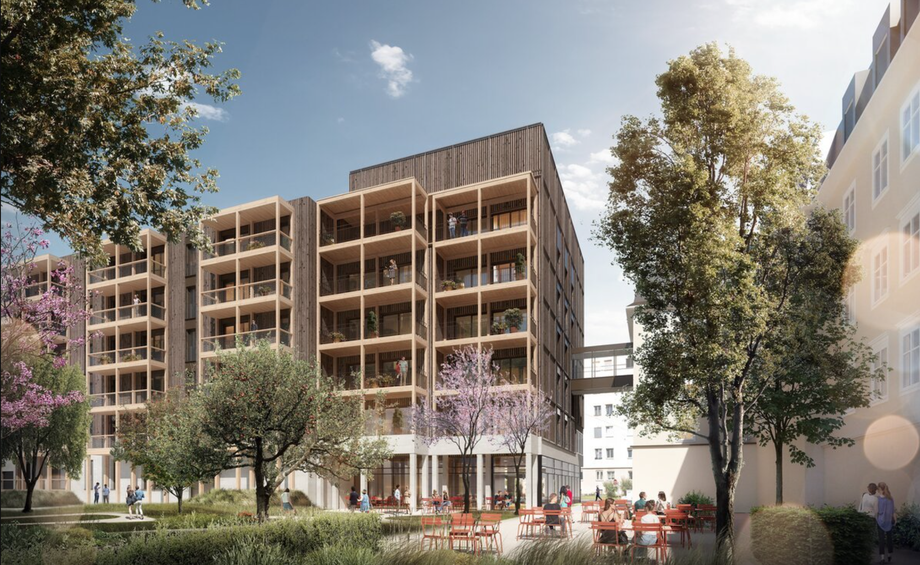Visualisierung der Außenansicht des Wohnquartiers „Am Hirschengrün“.