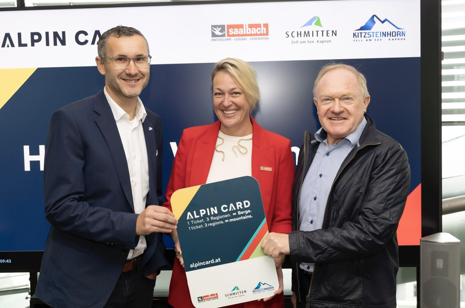 408 Pistenkilometern und 121 Anlagen - die Ski ALPIN CARD als Schlüssel zu grenzenlosem Skivergnügen in den drei Premium-Regionen. v.l.n.r. MMag. Thomas Maierhofer, Vorstand der Gletscherbahnen Kaprun AG, Mag. Isabella Dschulnigg-Geissler, Geschäftsführer
