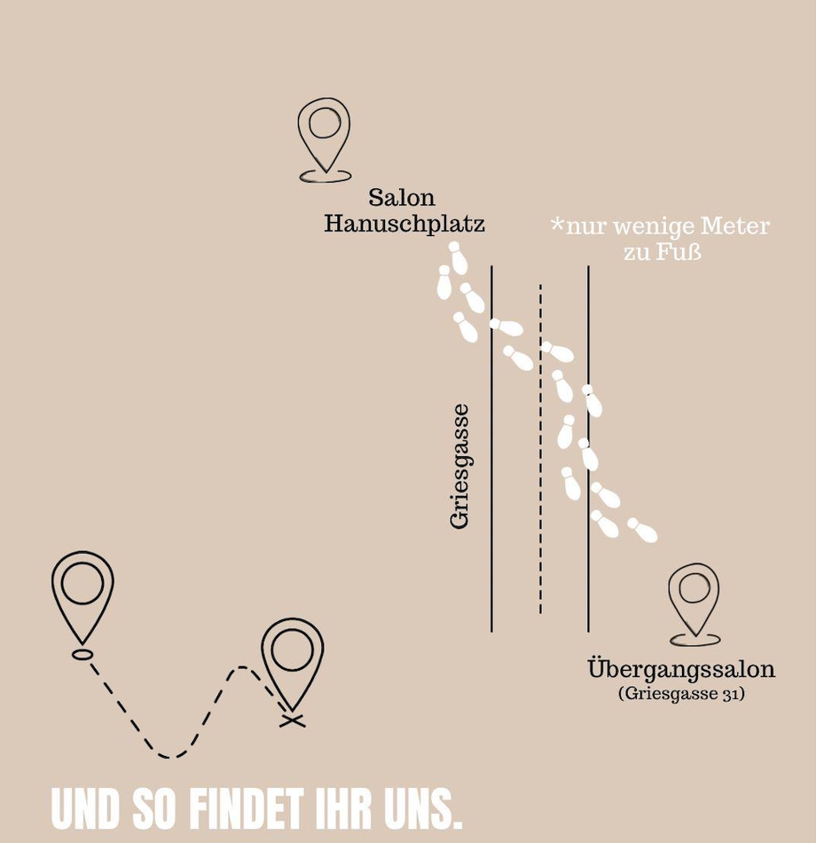 So findet ihr uns: Vom bisherigen Salon im Hanuschhof sind es nur wenige Meter zu Fuß zum neuen Übergangssalon in der Griesgasse 31.
