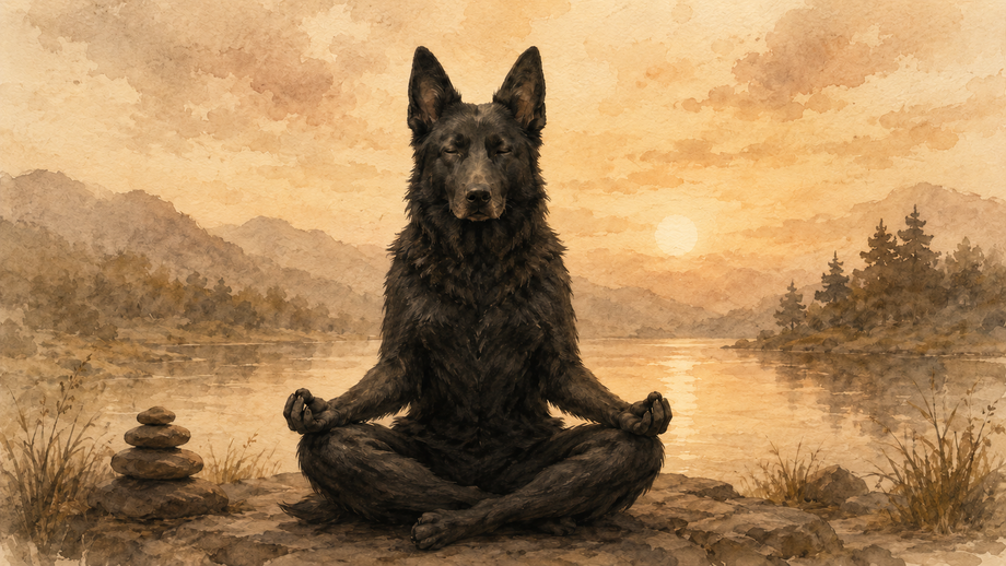Hund bei der Meditation. KI-generiertes Bild