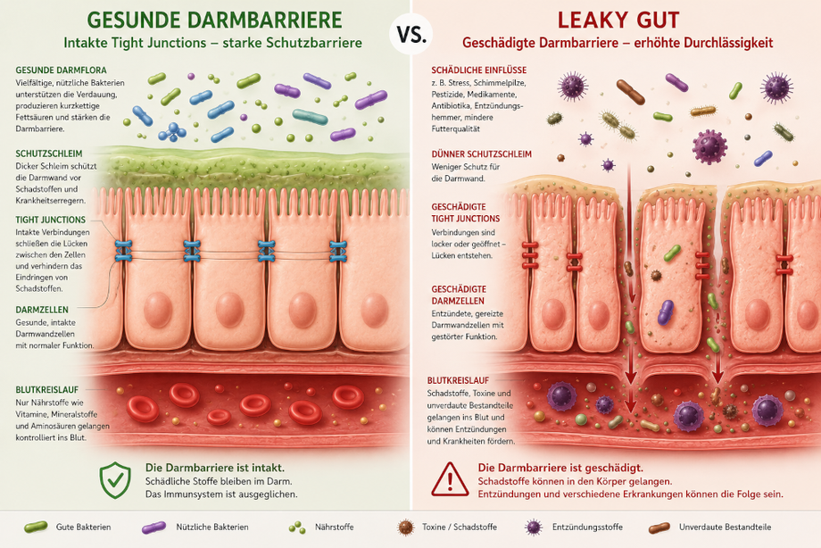 Die Grafik zeigt einen direkten Vergleich zwischen einer gesunden Darmbarriere und einem sogenannten Leaky Gut beim Pferd.