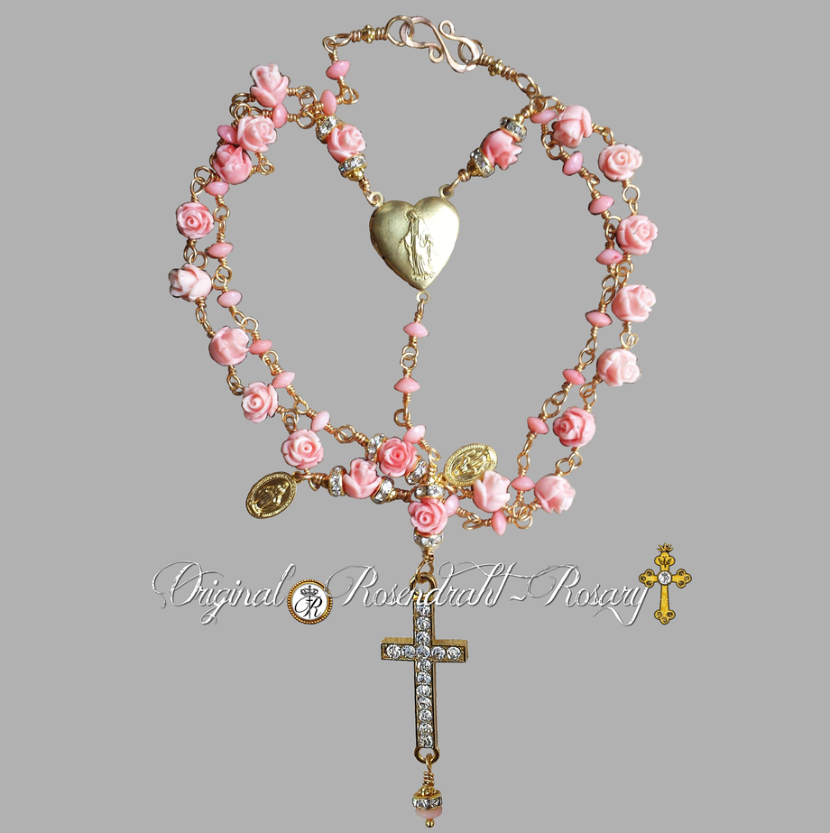 Rosendraht Rosendraht.de gesegnet Rosenkranz Rosenkranzkette Schmuck christlich spirituell Segen Schmuckdesidn Designerschmuck Jesus Christus Maria Madonna Marienmedaillon Herz Medaillon Kreuz Marienmedaille gold vergoldet Koralle apricot Rosen Röschen  