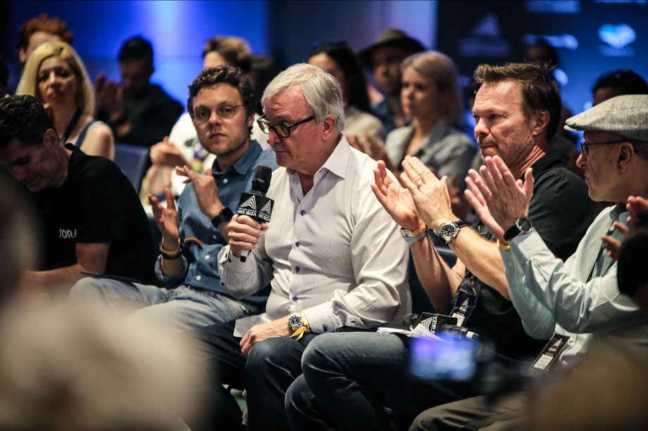 L-R, Avicii’s father, Klas Bergling on the mic talking with Pete Tong at the 2019 IMS Ibiza and Remedy State Presents: ARETÉ keynote on mental health in the electronic music industry.